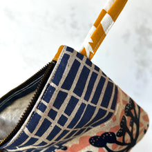 Load image into Gallery viewer, Hand printed zip purse with handle – Large navy, pink, purple & grey