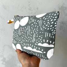 Load image into Gallery viewer, Hand printed zip purse with handle – Large navy, pink, purple & grey