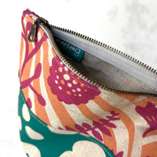 Load image into Gallery viewer, Hand printed zip purse with handle – Large emerald, pink and purple