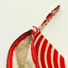 Load image into Gallery viewer, Hand printed zip purse with handle – Large navy, red, teal & white