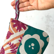 Load image into Gallery viewer, Hand printed zip purse with handle – Large emerald, pink and purple