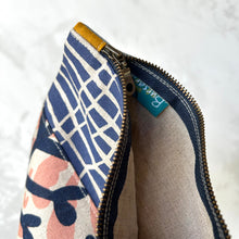 Load image into Gallery viewer, Hand printed zip purse with handle – Large navy, pink, purple & grey