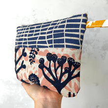 Load image into Gallery viewer, Hand printed zip purse with handle – Large navy, pink, purple & grey