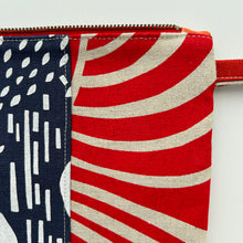 Load image into Gallery viewer, Hand printed zip purse with handle – Large navy, red, teal & white