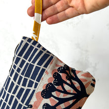 Load image into Gallery viewer, Hand printed zip purse with handle – Large navy, pink, purple & grey