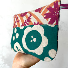 Load image into Gallery viewer, Hand printed zip purse with handle – Large emerald, pink and purple