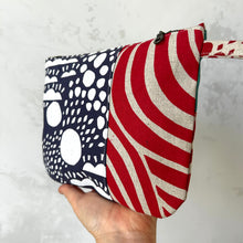 Load image into Gallery viewer, Hand printed zip purse with handle – Large navy, red, teal & white