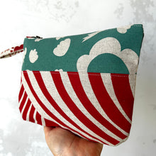 Load image into Gallery viewer, Hand printed zip purse with handle – Large navy, red, teal & white