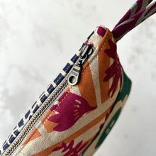 Load image into Gallery viewer, Hand printed zip purse with handle – Large emerald, pink and purple