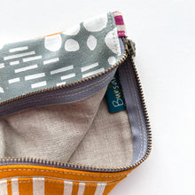 Load image into Gallery viewer, Hand printed zip purse – Grey, magenta, ochre &amp; white
