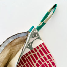 Load image into Gallery viewer, Hand printed zip purse with handle – Large magenta, orange &amp; grey