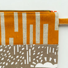 Load image into Gallery viewer, Hand printed zip purse with handle – Large red, ochre &amp; white-on-taupe