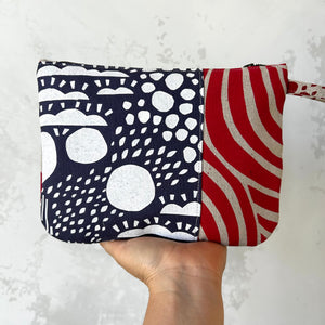 Hand printed zip purse with handle – Large navy, red, teal & white