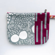 Load image into Gallery viewer, Hand printed zip purse – Grey, magenta, ochre &amp; white