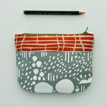 Load image into Gallery viewer, Hand printed purse – Small aqua, orange &amp; white-on-grey