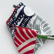 Load image into Gallery viewer, Hand printed zip purse – Navy, green, red &amp; white