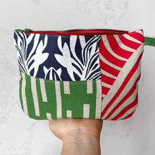 Load image into Gallery viewer, Hand printed zip purse – Navy, green, red &amp; white