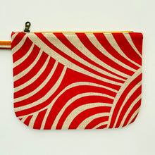 Load image into Gallery viewer, Hand printed zip purse with handle – Large red, ochre &amp; white-on-taupe