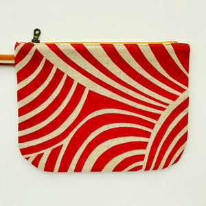 Hand printed zip purse with handle – Large red, ochre & white-on-taupe