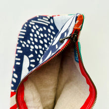 Load image into Gallery viewer, Hand printed zip purse with handle – Large navy, red, teal &amp; white