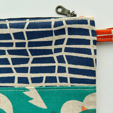 Load image into Gallery viewer, Hand printed zip purse with handle – Large teal, cool purple and white-on-grey