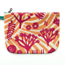 Load image into Gallery viewer, Hand printed zip purse with handle – Large magenta, orange &amp; grey