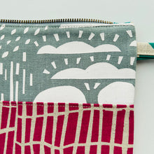 Load image into Gallery viewer, Hand printed zip purse with handle – Large magenta, orange &amp; grey