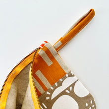 Load image into Gallery viewer, Hand printed zip purse with handle – Large red, ochre &amp; white-on-taupe