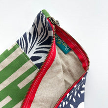 Load image into Gallery viewer, Hand printed zip purse – Navy, green, red &amp; white