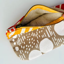 Load image into Gallery viewer, Hand printed zip purse with handle – Large red, ochre &amp; white-on-taupe