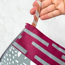 Load image into Gallery viewer, Hand printed zip purse – Grey, magenta, ochre &amp; white