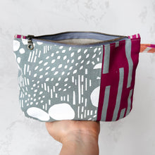 Load image into Gallery viewer, Hand printed zip purse – Grey, magenta, ochre &amp; white