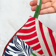 Load image into Gallery viewer, Hand printed zip purse – Navy, green, red &amp; white