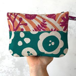 Hand printed zip purse with handle – Large emerald, pink and purple