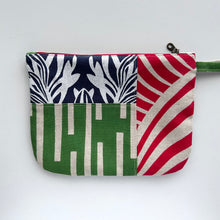 Load image into Gallery viewer, Hand printed zip purse – Navy, green, red &amp; white