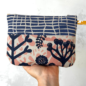Hand printed zip purse with handle – Large navy, pink, purple & grey