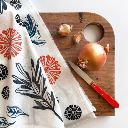 Hand printed flour sack kitchen towel