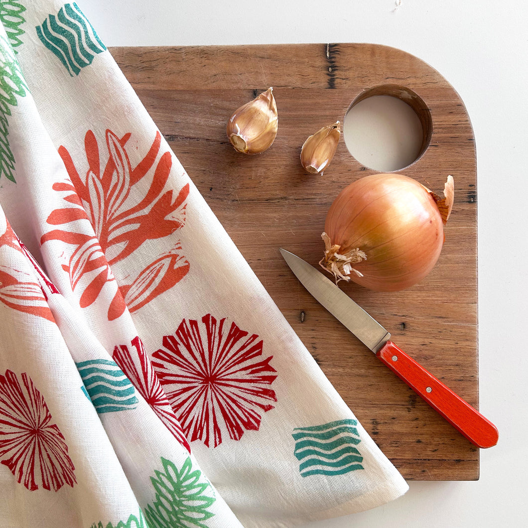 Hand printed flour sack kitchen towel