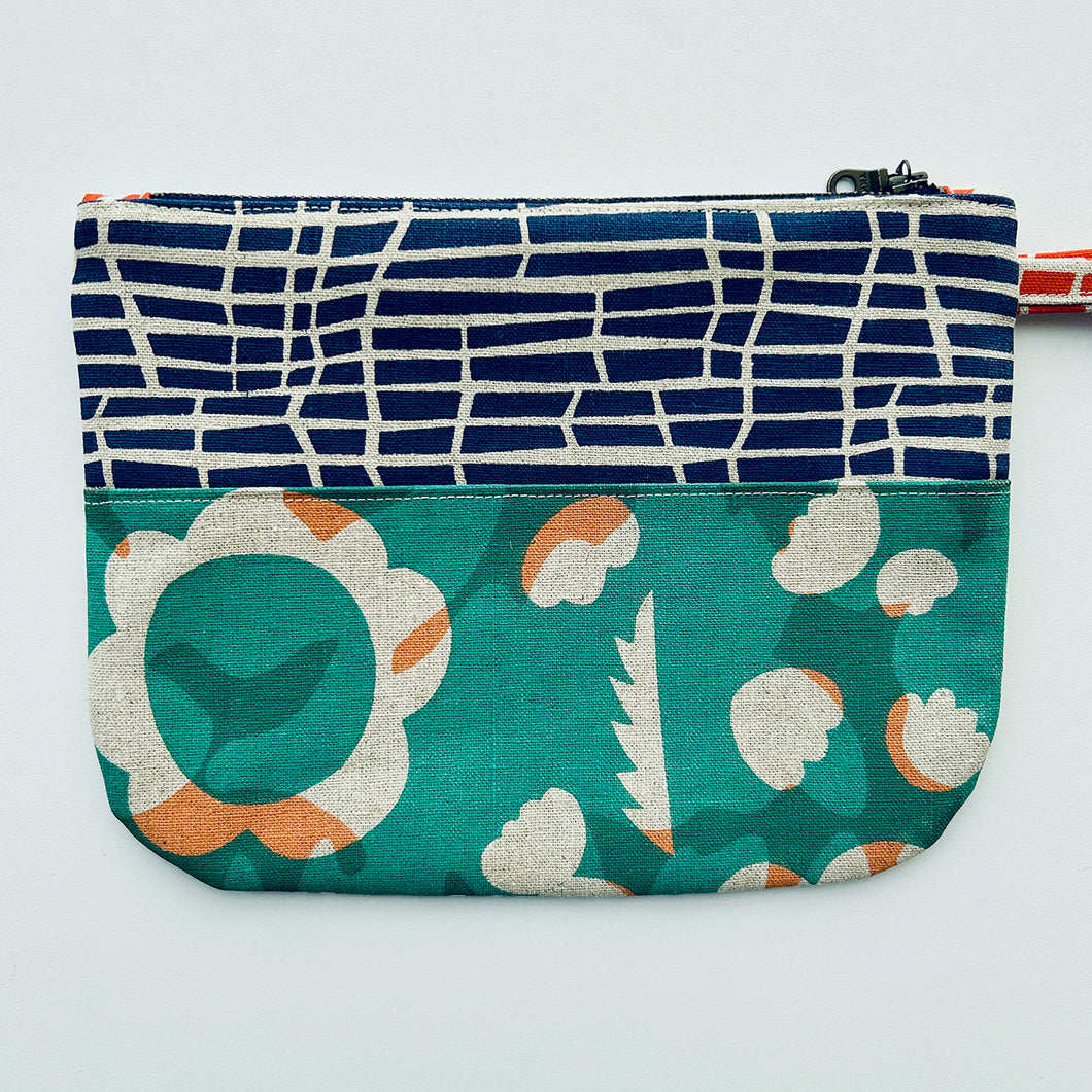 Hand printed zip purse with handle – Large teal, cool purple and white-on-grey