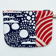 Load image into Gallery viewer, Hand printed zip purse with handle – Large navy, red, teal &amp; white