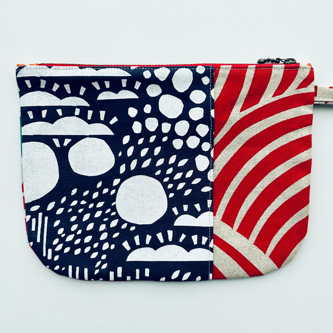 Hand printed zip purse with handle – Large navy, red, teal & white