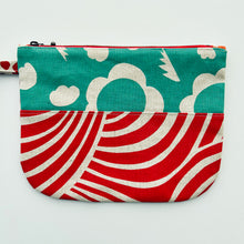 Load image into Gallery viewer, Hand printed zip purse with handle – Large navy, red, teal &amp; white