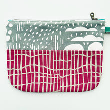 Load image into Gallery viewer, Hand printed zip purse with handle – Large magenta, orange &amp; grey