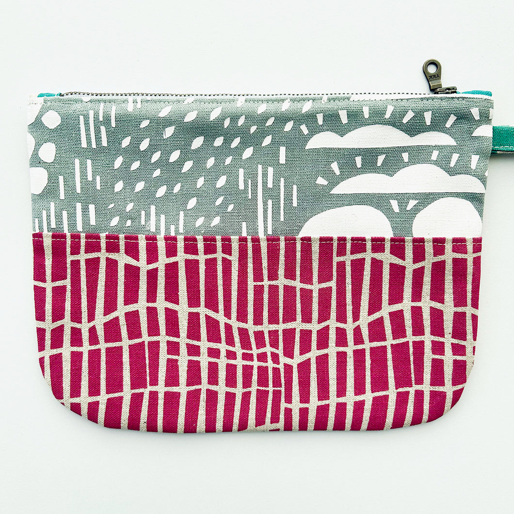 Hand printed zip purse with handle – Large magenta, orange & grey