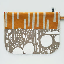 Load image into Gallery viewer, Hand printed zip purse with handle – Large red, ochre &amp; white-on-taupe