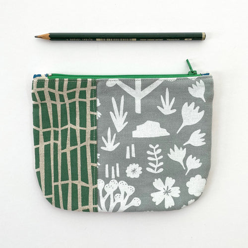 Hand printed purse – Small sage, grey and red